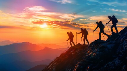 Landscape photo of teamwork friendship hiking, help each other trust assistance, silhouette in mountains, sunrise, captivating lighting --ar 16:9 Job ID: c049e096-402c-4ff4-a7d9-4439e0f0b6bf