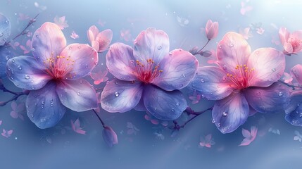   A cluster of pink-blue blossoms on a blue-pink backdrop with dewdrops on flower petals