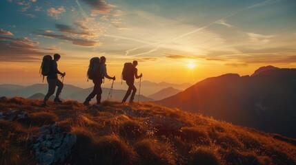 Landscape photo of teamwork friendship hiking, help each other trust assistance, silhouette in mountains, sunrise, captivating lighting --ar 16:9 Job ID: c049e096-402c-4ff4-a7d9-4439e0f0b6bf - obrazy, fototapety, plakaty