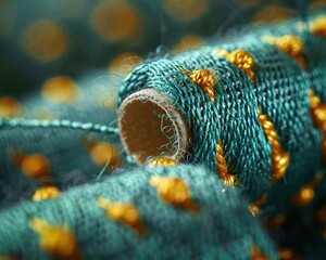 Close-Up of Teal and Golden Embroidery Threads on Spools for Sewing and Textile Crafting