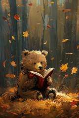 cute bear reading book in the forest