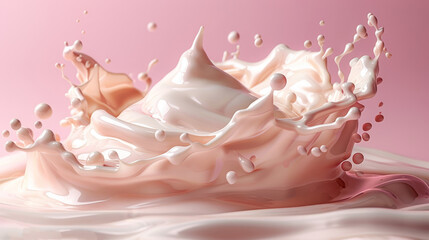   A detailed shot of a milk spill on a pink backdrop, featuring a droplet of milk emerging from the surface