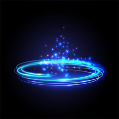 Vector background with the  blue shiny circles, rings with the stars and the sparkles on the dark background. Christmas tree background.