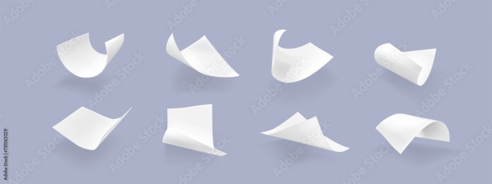 Poster flying paper sheet in different angles of view. realistic 3d vector illustration set of curve white 