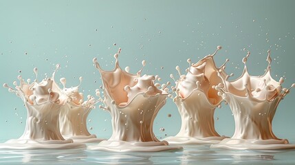   A group of milk splashes into a pool of water on a blue-green background, with a splash of milk at its center