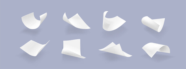 Flying paper sheet in different angles of view. Realistic 3d vector illustration set of curve white blank pages in air. Falling document or letter mockup. Empty curl note and leaflet chaotic float.