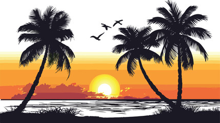 Sunrise on the beach palm tree silhouette flat vector