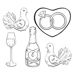 a bottle of champagne , a glass of wine , two pigeons , wedding rings , and a heart