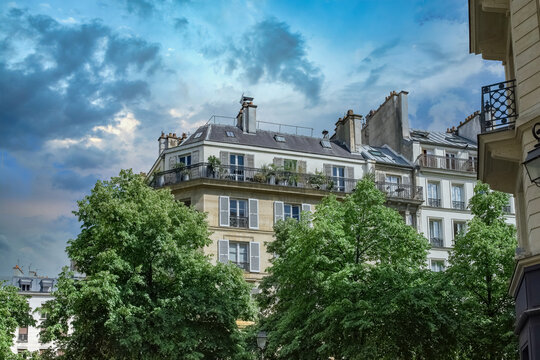 Paris, buildings in the Marais, in the center, in a typical street
