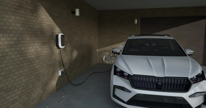 Home charging station provides an eco-friendly sustainable power supply for generic EV cars. Progressive concept for future green energy storage for electric vehicles. 3D animation