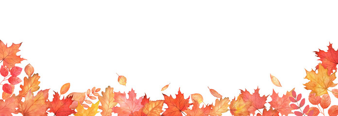 Autumn falling leaves border. Autumnal blur foliage fall and orange maple leaves - obrazy, fototapety, plakaty