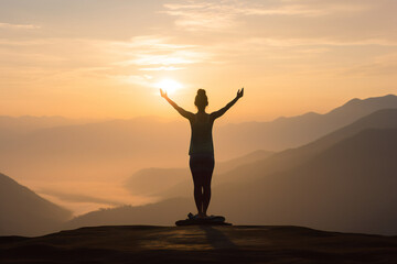 Fototapeta premium Silhouette of a Woman Practicing Yoga at Sunrise on a Mountain Top Generative AI