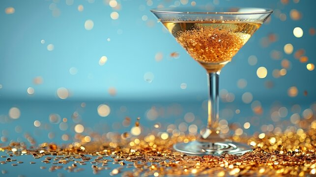   focused image of a wine glass holding liquid, positioned on a table surrounded by golden confetti