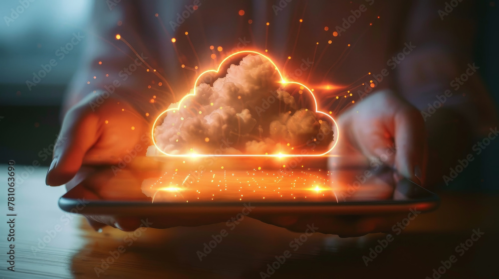 Poster hands interacting with a glowing cloud icon above a tablet representing cloud storage technology on 