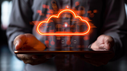 Person holding a tablet with a glowing cloud symbol above it, representing cloud data storage technology on a dark background. Generative AI - obrazy, fototapety, plakaty