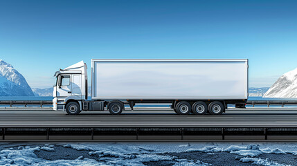 A white cargo truck with a blank side on a road with snowy mountains in the background, ideal for a mockup, Generative AI.