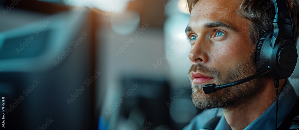 Poster close-up of a man with a headset in an office environment, concept of customer support, generative a