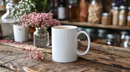 A white coffee mug rests atop a wooden table, adjacent to a vase with vibrant pink blossoms