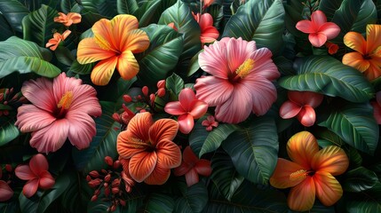   Close-up of colorful flowers, mostly red and yellow, surrounded by green foliage - obrazy, fototapety, plakaty