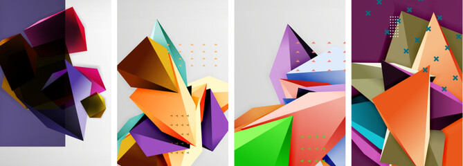 Trendy low poly 3d triangle shapes and other geometric elements background designs for wallpaper, business card, cover, poster, banner, brochure, header, website