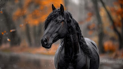   A black horse stands in the rain, turning its head to the right and then to the left