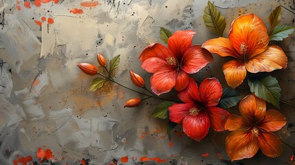   A painting of red and orange flowers with green leaves on a gray and orange background featuring a prominent red spot at its center - obrazy, fototapety, plakaty