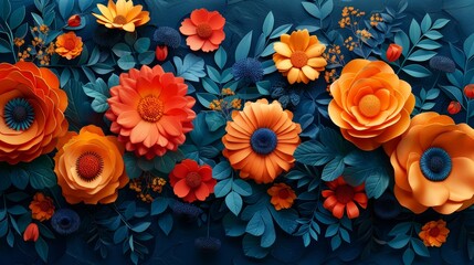   A blue and orange wallpaper adorned with leaves and flowers, featuring an arrangement of vibrant flowers on top - obrazy, fototapety, plakaty