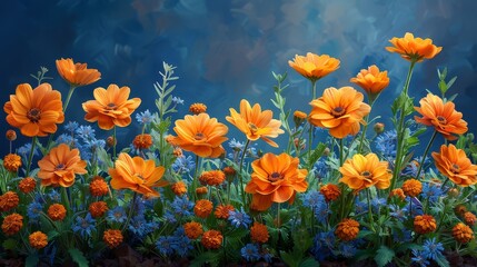   A field of orange flowers with blue foreground and blue sky in the background