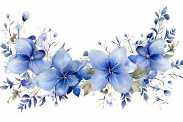 Fototapeta na wymiar Watercolor delphinium clipart with tall spikes of blue flowers. flowers frame, botanical border, elegant wedding arrangement, blue blossom flowers. white background