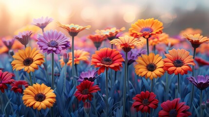   A colorful field of flowers with a butterfly on top of one of them in the center of the picture