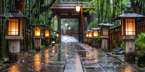 Obraz premium A Rain-Soaked Traditional Japanese Street Illuminated by Warm Lanterns Amidst Nature, Generative AI