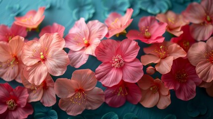 Fototapeta na wymiar A cluster of pink and red blossoms resting atop a blue-green tablecloth on a blue background