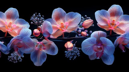   A branch adorned with pink and blue orchids displays buds and blossoms in the center frame