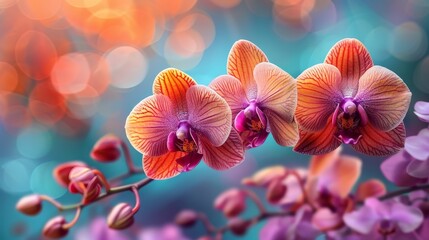   A close-up of three orchids on a branch with a blurry boke and lights in the background