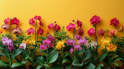   A row of pink, yellow, and purple orchids in front of a yellow wall on a yellow background