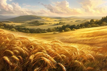 Golden wheat fields sway in the breeze.