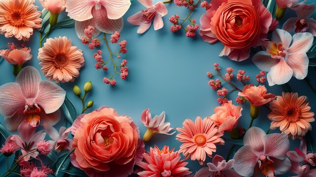   A blue background with pink and red flowers