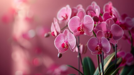   A vase with pink orchids and green foliage on a pink backdrop, featuring a blurred background