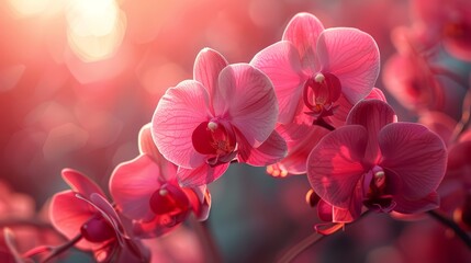   Close-up photo of a pink flower on a stem with a hazy background of the foliage - obrazy, fototapety, plakaty