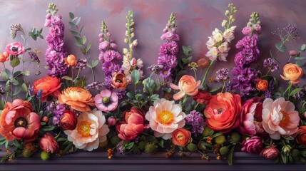   A painting of a group of flowers on a shelf, set against a purple backdrop, and another depicting the same, with the same background