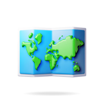 3D cartoon folded world map isolated on white. Render world map silhouette. Planet icon. Cartography and geography. Earth day, Holiday and travel, GPS location navigation service. Vector Illustration