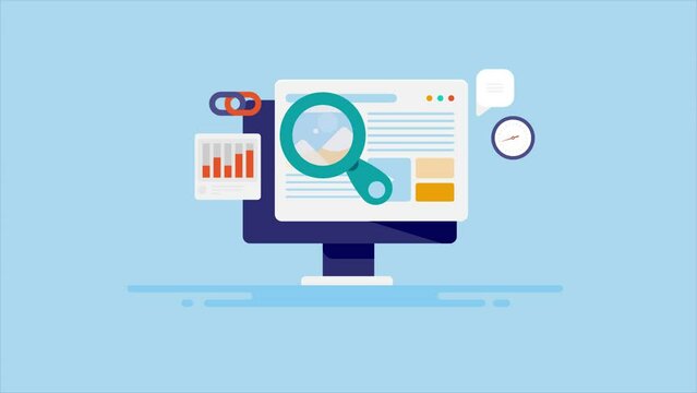 SEO optimization, website content on computer screen. Analytics graph, loading speed, link building performance marketing conceptual video animation.