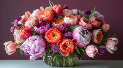  A vase brimming with numerous pink and orange tulips sits atop a table adjacent to a wall adorned in purple