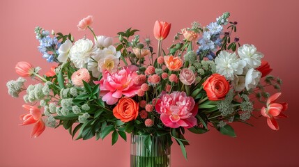   A vase brimming with numerous flowers atop a pink background with a pink wall in the distance