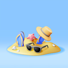 3d beach flip flops, hat, sunglasses in sand isolated. Render summer vacation composition. Summer trip icon. Concept of vacation or holiday, Time to travel. Beach relaxation. Vector Illustration