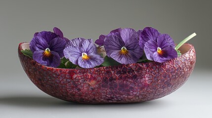   A red bowl holds purple pansies, atop a white table Nearby, a green plant with leafy foliage stands