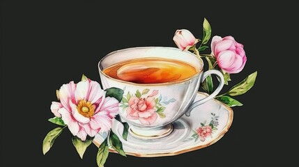 Fototapeta na wymiar A painting of a cup of tea with a saucer and a saucer on a saucer, adorned with pink flowers