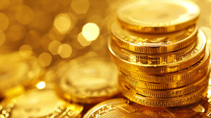 A stack of gold coins on top of each other. The coins are shiny and golden in color - obrazy, fototapety, plakaty