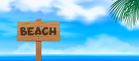 beach wooden sign on sky background summer vacation vector illustration