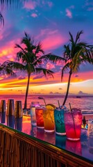 A panorama of a tropical cocktail bar at sunset, with colorful drinks displayed on the counter